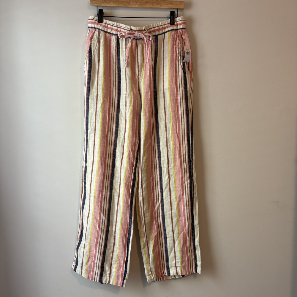 NWT Old Navy Linen Blend Wide Leg Pink Stripe Pants Size S Coastal Boho Preppy
